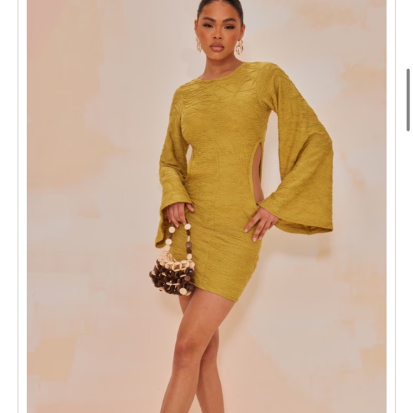 Olive Textured Cut Out Side Detail Bodycon Dress - Picture 2 of 3